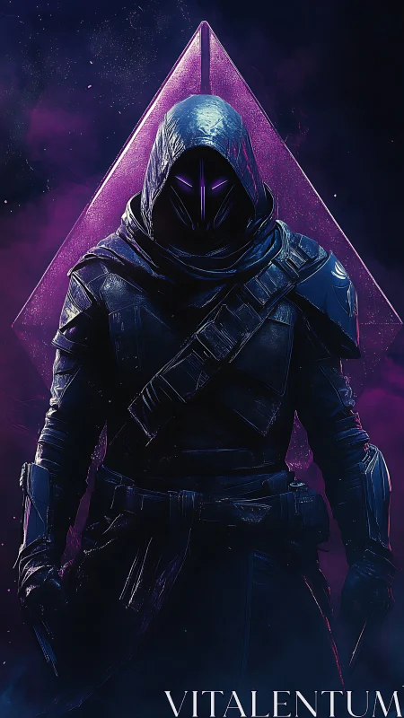 Cyber assassin stands before neon triangle portal.
