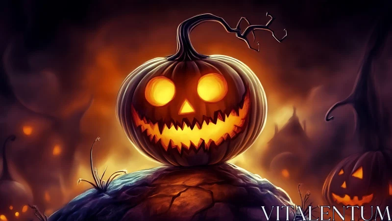 Glowing jack-o-lantern on rocky hill in eerie foggy graveyard.