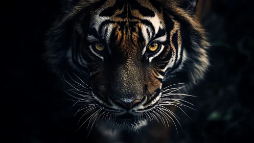 Close frontal view of tiger face in low key lighting.