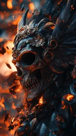 Winged skeletal warrior helmet rendered in fiery 3D scene