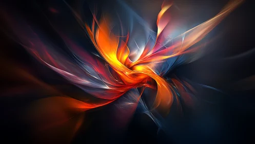 Abstract digital flame forms twist across a dark background