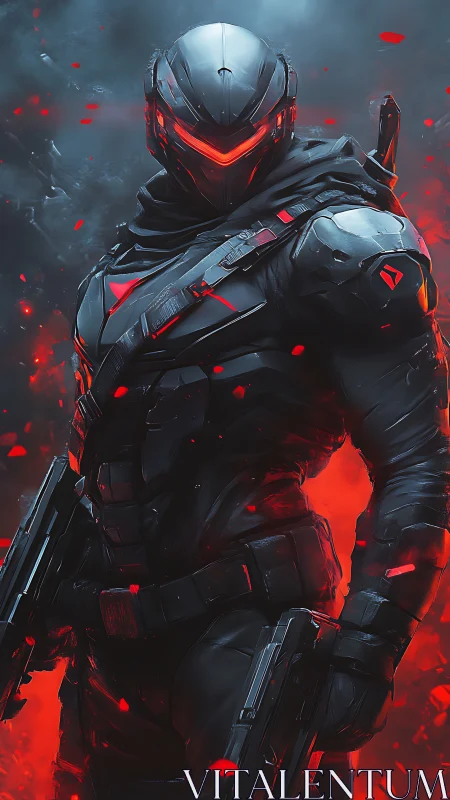 Armored futuristic soldier in red and black combat stance.