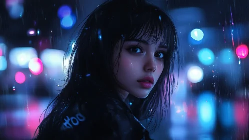 Digital portrait depicts woman in rain with neon city lights