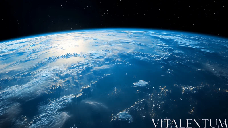 Curved blue Earth horizon beneath star-filled cosmic void.