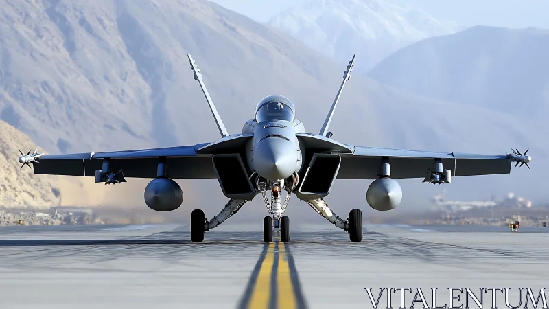 Predator of the runway poised against silent mountain walls.