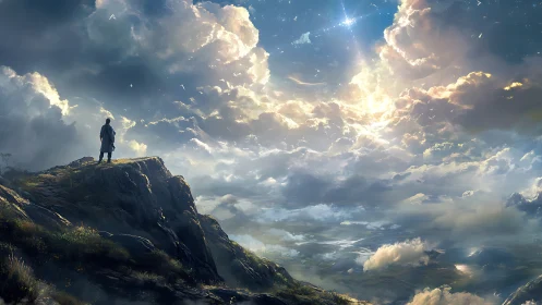 Lonely wanderer stitches skyward dreams into stormlit clouds