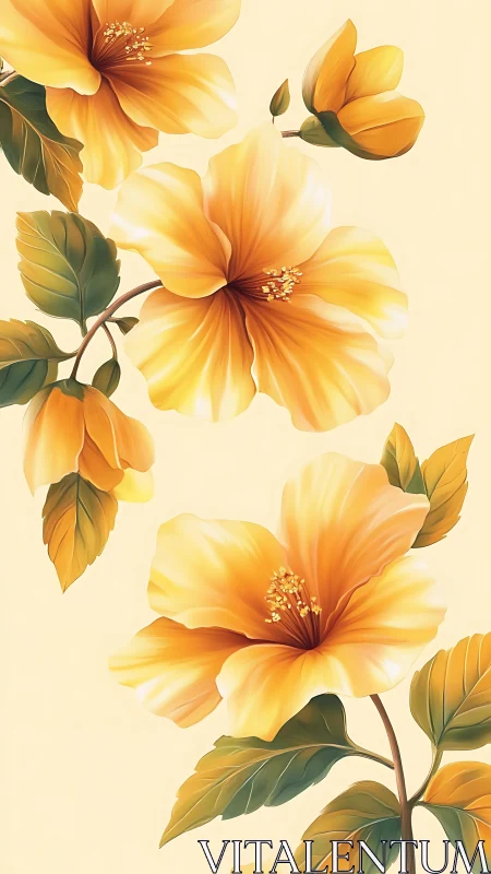 Luminous Golden Hibiscus Blooms on Cream Background