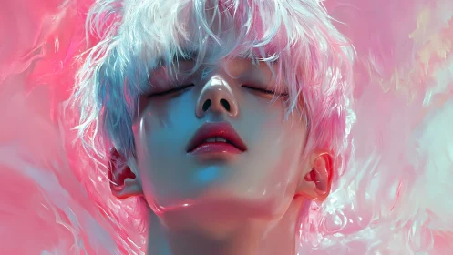 Iridescent portrait with ethereal pink highlights and glow.