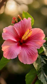 Pink Hibiscus Bloom with Golden Stamens.