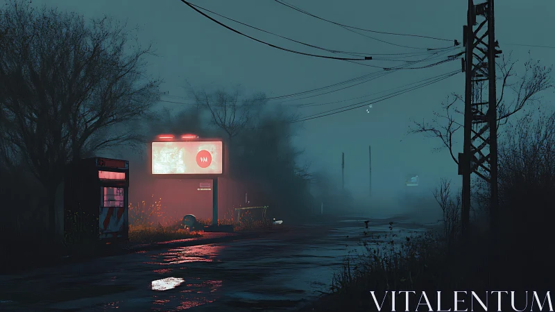 Neon billboard hums in a fog-drenched abandoned roadside dusk.
