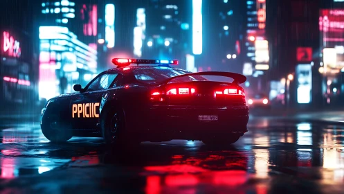 Police sports car idles in neon city street during rain