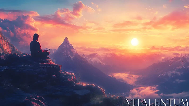 Meditative silhouette overlooking radiant alpine sunrise.