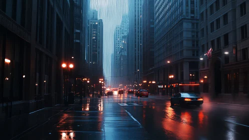 Rain-soaked downtown street glowing with quiet city light.