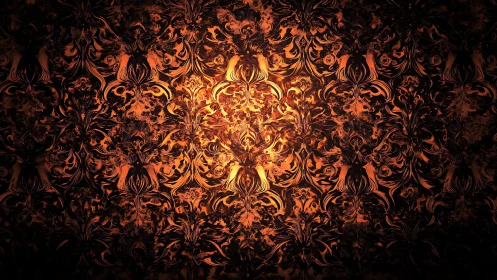 Glowing baroque flourishes bloom like embers in rich darkness