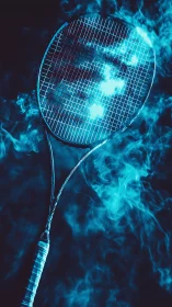 Electric blue tennis racket immersed in dynamic vapor glow