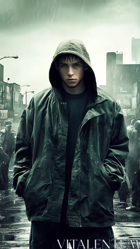 Photorealistic urban portrait in rain-soaked cinematic framing.