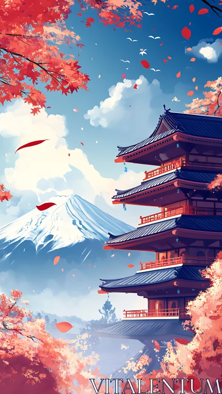 Pagoda with mountain backdrop among autumn foliage, vertical.