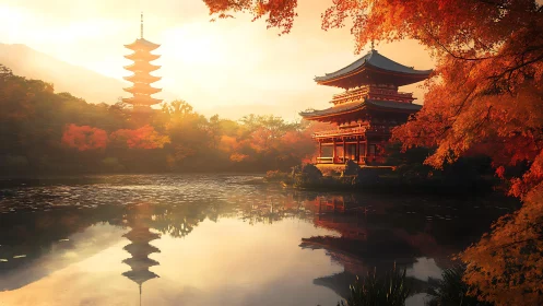 Autumn foliage surrounds lakeside Japanese temple at sunset