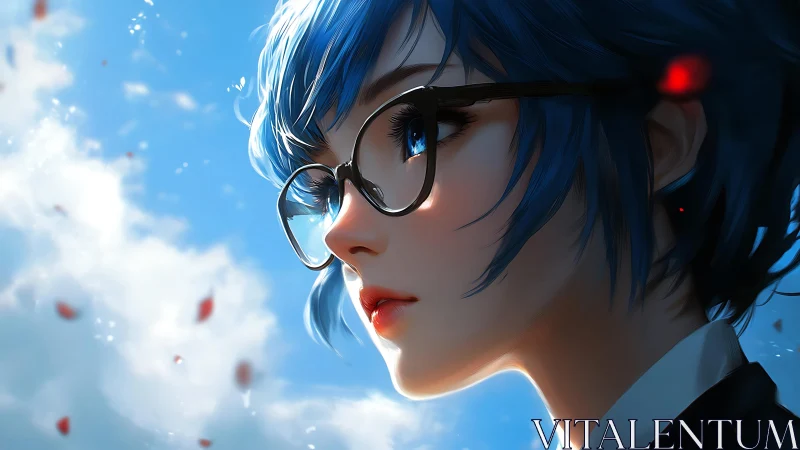 Blue-haired anime girl with glasses under bright sky.