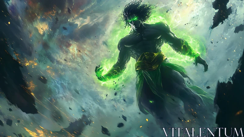 Mythic green energy figure in swirling storm environment.