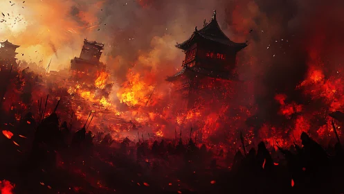 Ancient City's Fiery Battle: Warriors and Flames Collide.