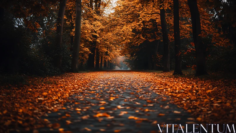 Autumn Forest Allee: Golden Canopy Over Leaf-Strewn Path.
