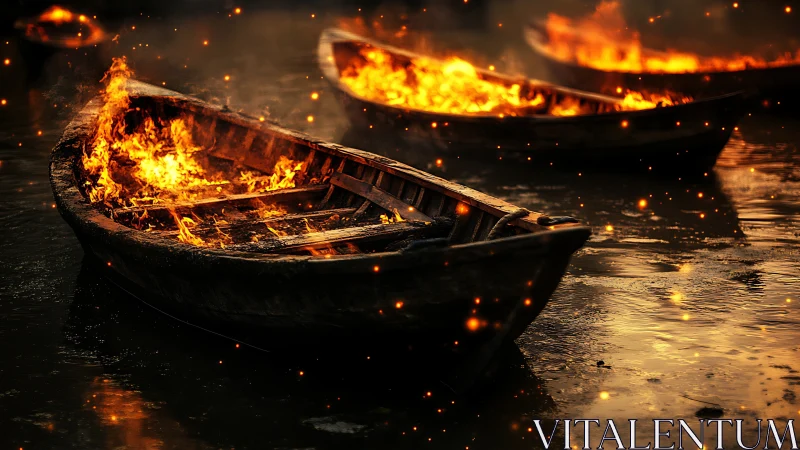 Burning boats at night create dramatic flames on water