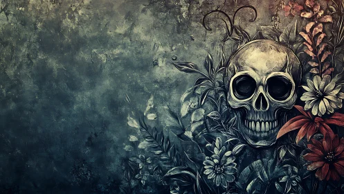 Digital painting of skull entwined with florals on textured wall.