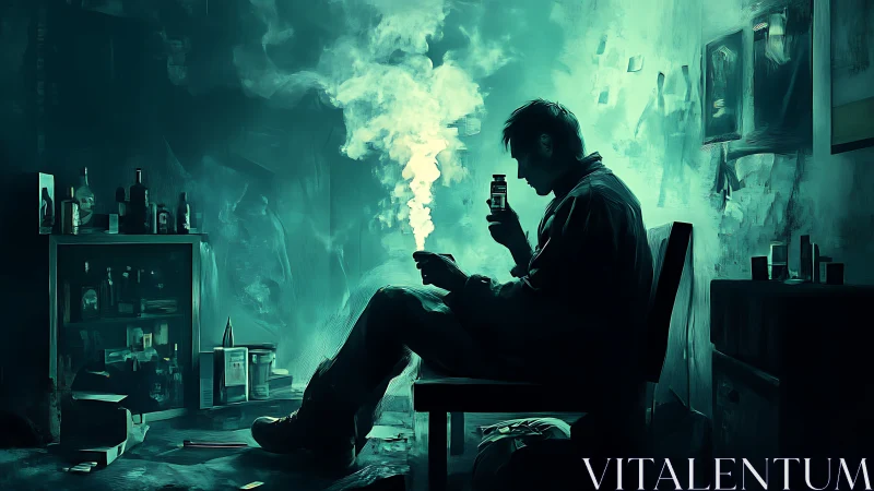Man in dim room examining pill bottle with vapor plume.