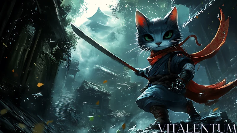 Sword-wielding warrior cat in misty ruined village.