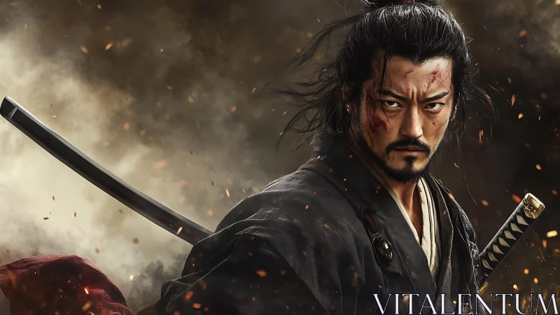 Samurai warrior with drawn katana in smoky battlefield scene.