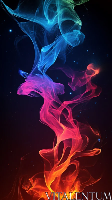 Colorful ethereal smoke ribbons swirl in cosmic darkness.
