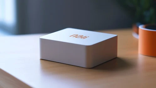 Minimalist white rectangular packaging with embossed branding on wooden desk.