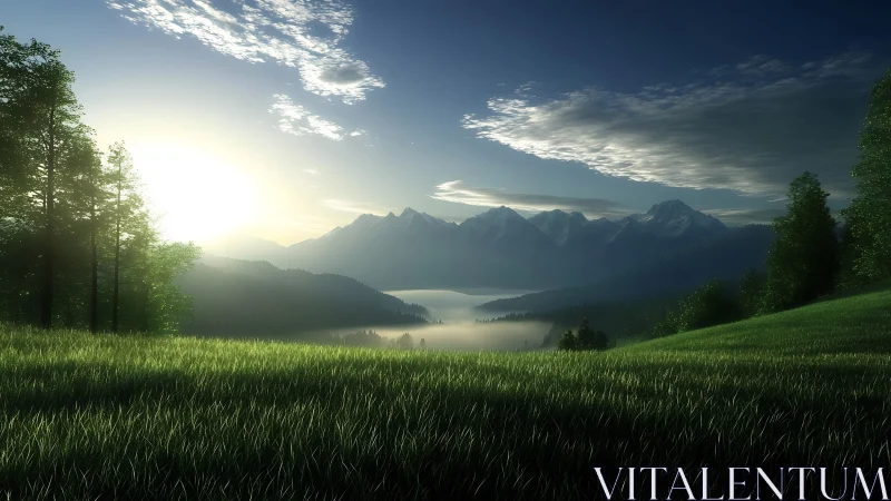 Sunrise over misty alpine valley with glowing green meadow.