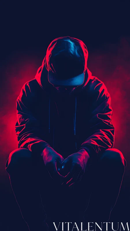 Hooded figure sits in neon shadows, wrapped in electric silence