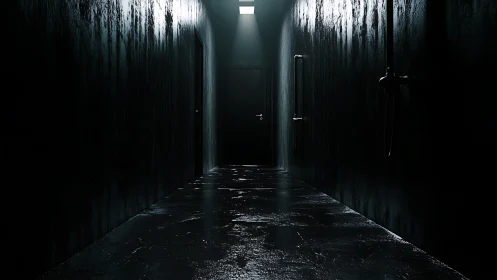 Moody dark hallway quietly lit by a distant open doorway