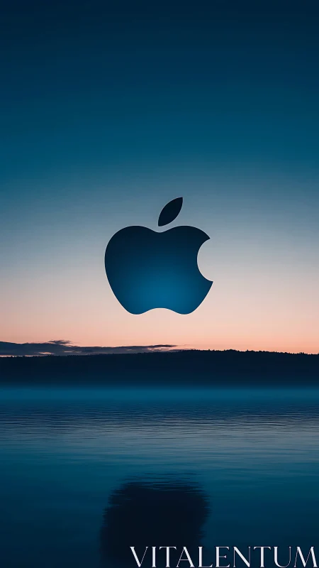 Apple Logo at Twilight: Minimalist Tech Against Serene Natural Landscape.