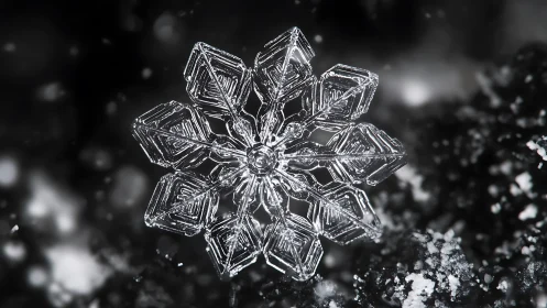 Hexagonal snowflake macro structure on dark background.