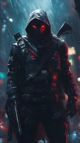Hooded cyber assassin with glowing eyes in neon rainstorm.