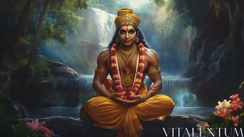 Divine warrior meditates before luminous jungle waterfall.