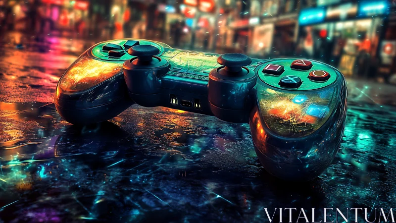 Neon game controller on wet cyberpunk city street.