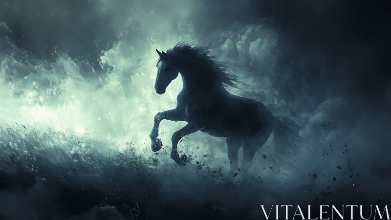 Storm-lit spectral horse charges through swirling mist.