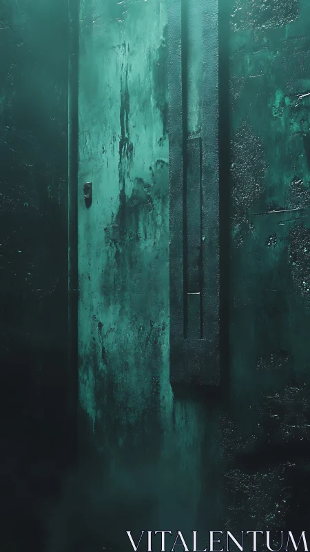 Decayed teal metal door in eerie industrial corridor.
