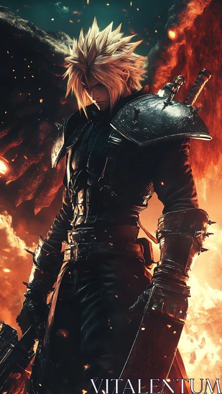 Spiky haired warrior stands before burning volcanic chasm