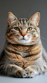 Tabby Cat Portrait with Golden Eyes Against Gray Background.
