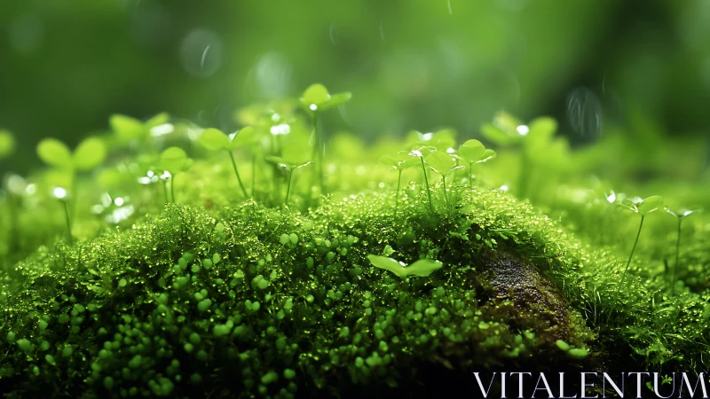 Macro study of dewy moss and clover in shallow focus field.