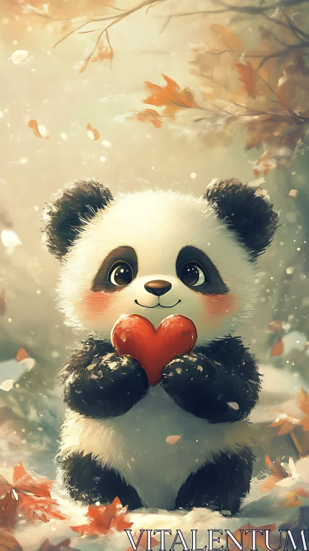 Cute baby panda holding red heart in autumn scene.