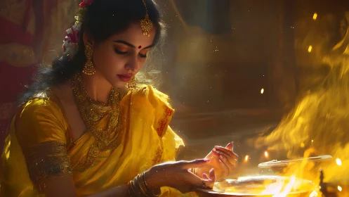 Luminous ritual glow around a serene woman in golden silk.