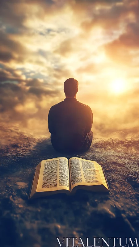 Backlit contemplative figure with illuminated open scripture text.