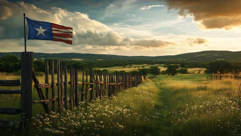 Lone star flag waves over rustic fence at golden sunset